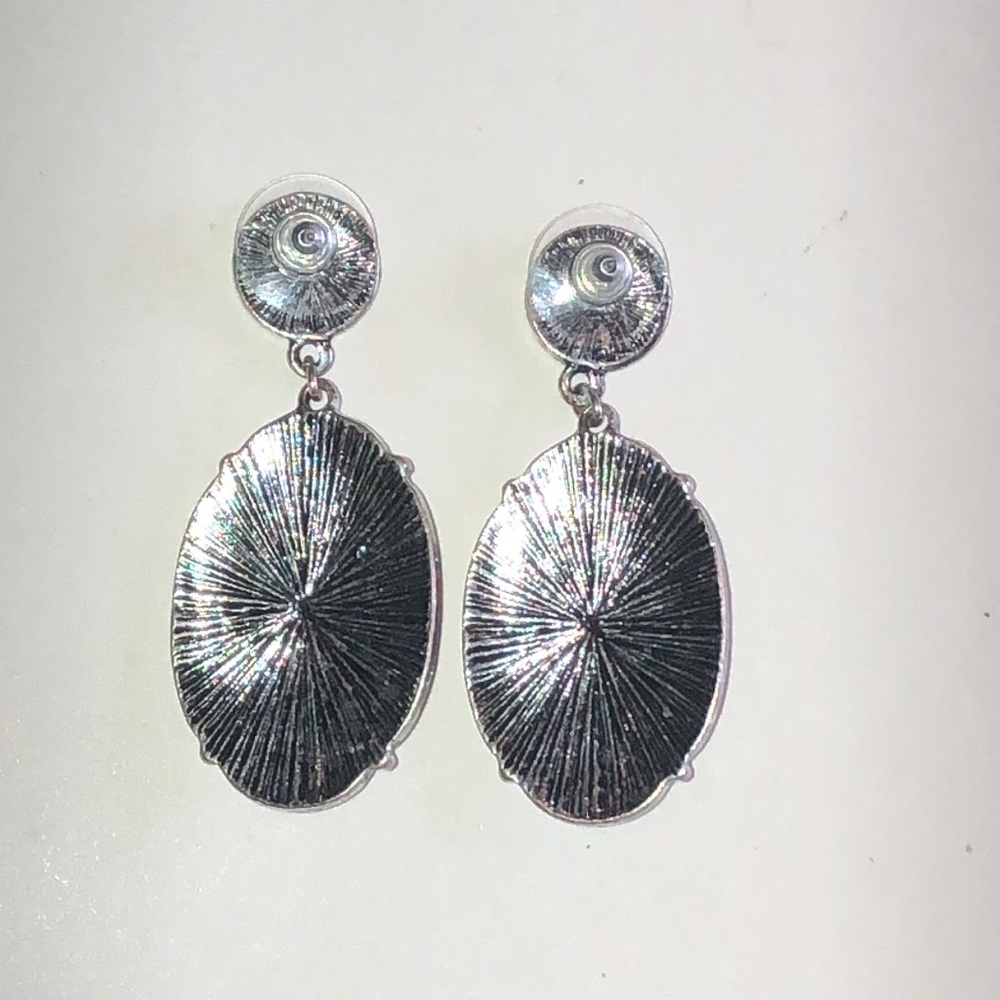 Silver Tone Oval Drop Earrings with Turquoise Color Accent - Picture 4 of 4